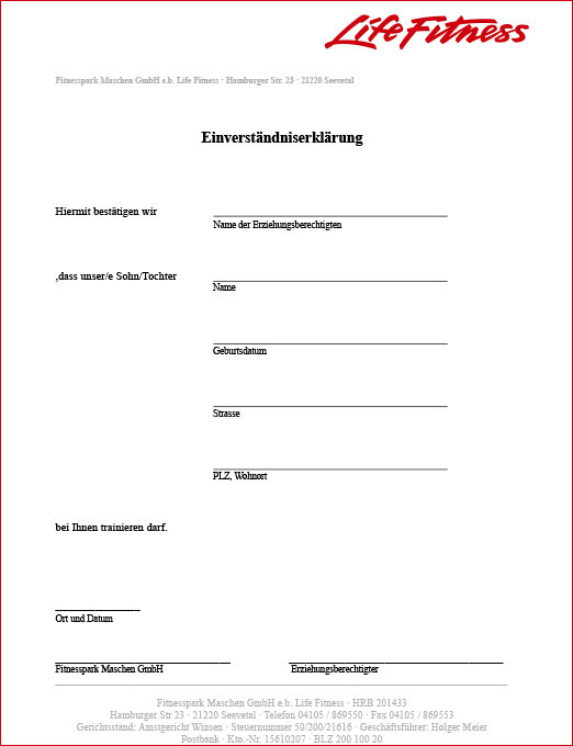 Formular Einverständniserklärung - Fitnesspark Maschen GmbH e.b. Life Fitness
