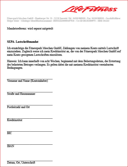 Formular SEPA Lastschriftmandat - Fitnesspark Maschen GmbH e.b. Life Fitness